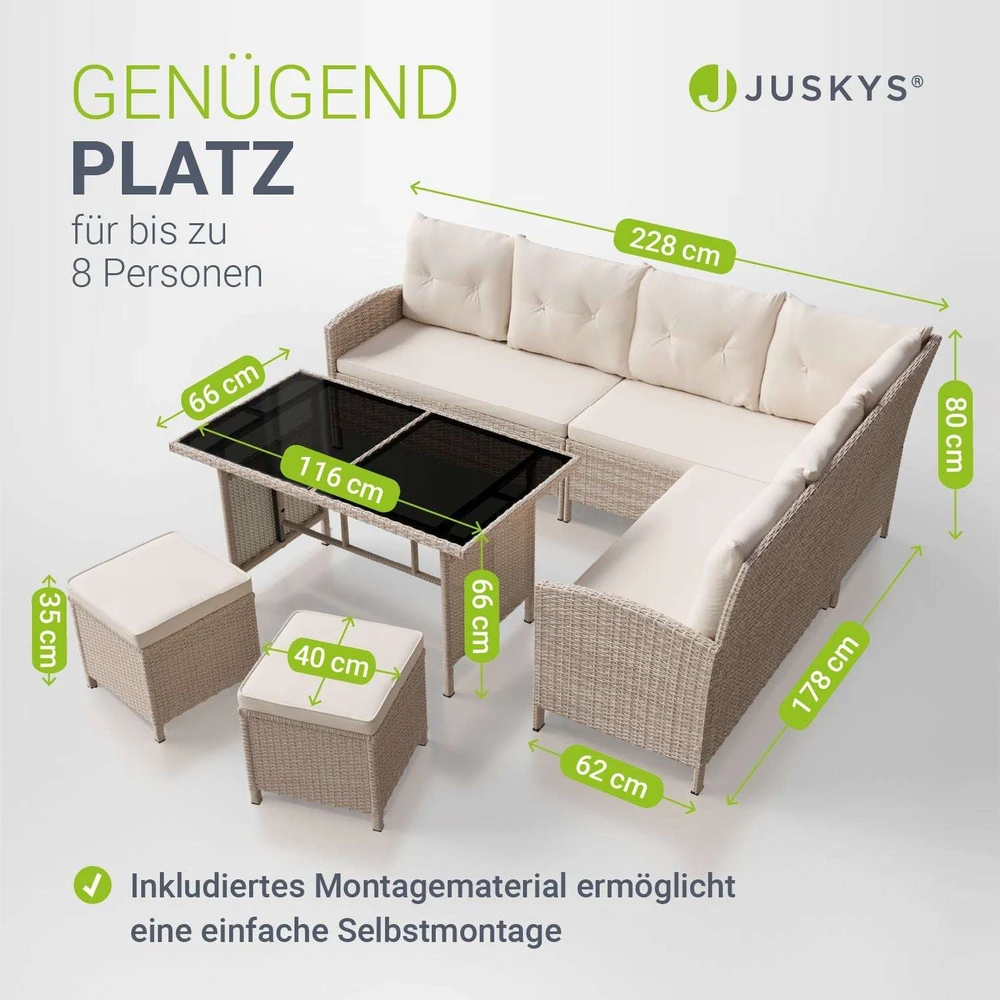 Lauko baldų komplektas Juskys Sodo poilsio komplektas Manacor sofa 228x178x80 cm stalas 116x66x66 cm juoda/kreminė