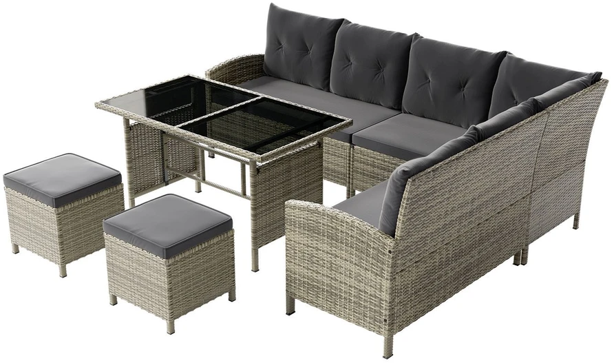 Lauko baldų komplektas Juskys Sodo poilsio komplektas Manacor sofa/staliukas/2 taburetės Sofa 228x178x80 cm juoda/tamsiai pilka