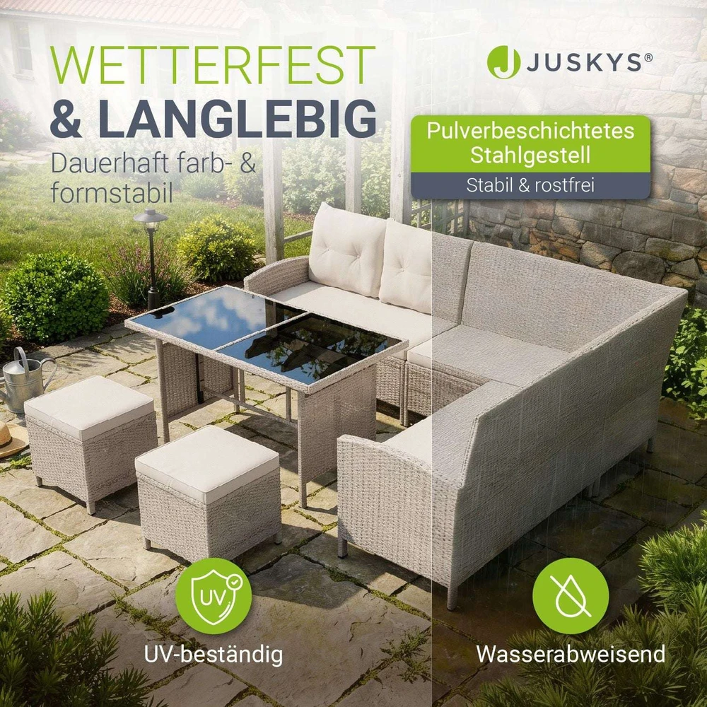 Lauko baldų komplektas Juskys Sodo poilsio komplektas Manacor sofa 228x178x80 cm stalas 116x66x66 cm juoda/kreminė