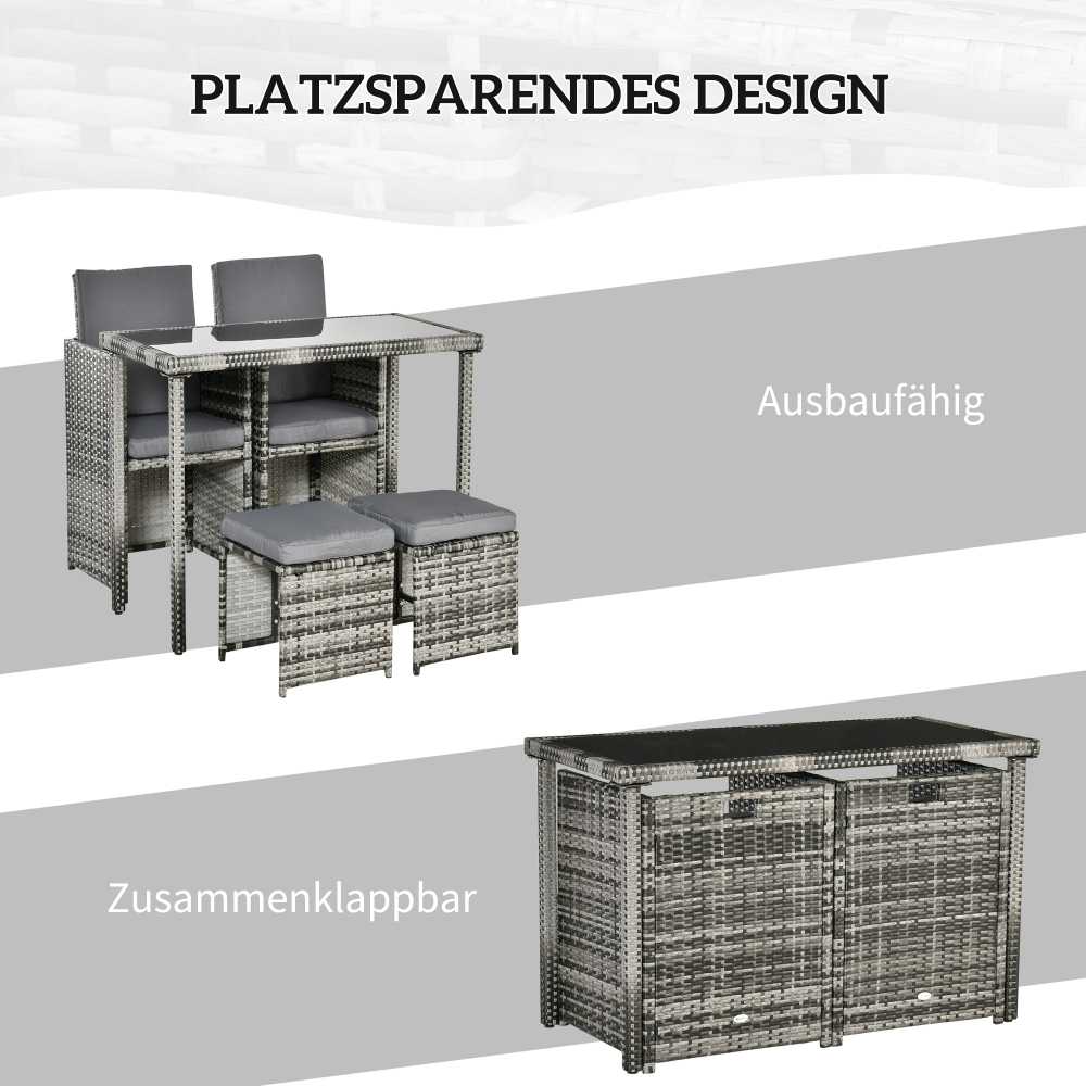 Lauko baldų komplektas „Outsunny“ polirotango baldų komplektas 4 asmenims, valgomojo komplektas, sodo baldų komplektas su pagalvėlėmis, pilkas