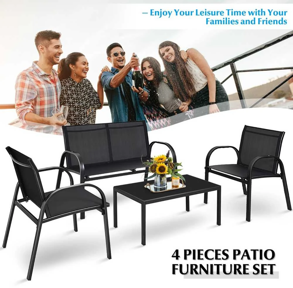 Lauko baldų komplektas Promotions Lauko terasos baldų komplektas, 4 dalių, 108x62x83 cm dvivietė sofa, 62x58x83 cm kėdė, 80x45x37 cm kavos staliukas, Juoda/Pilka