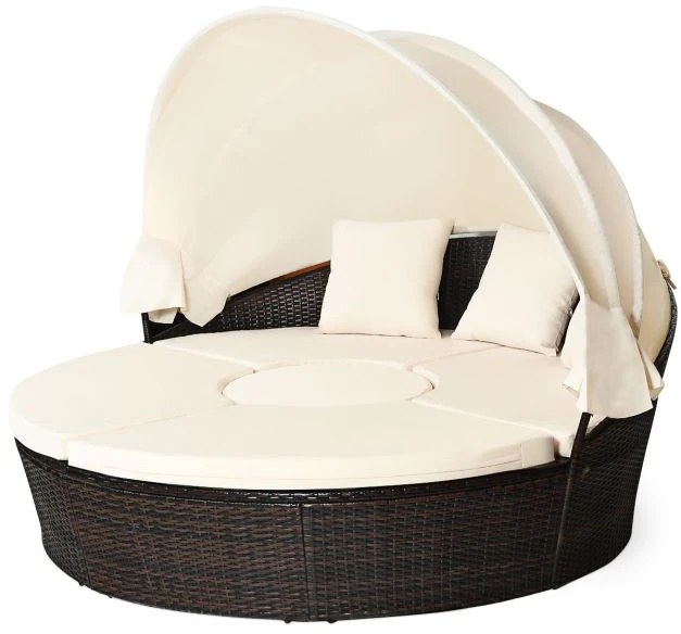 Lauko baldų komplektas Promotions Lauko apvalus dienos lova su ištraukiamu stogu Ø190x142 cm ruda/juoda