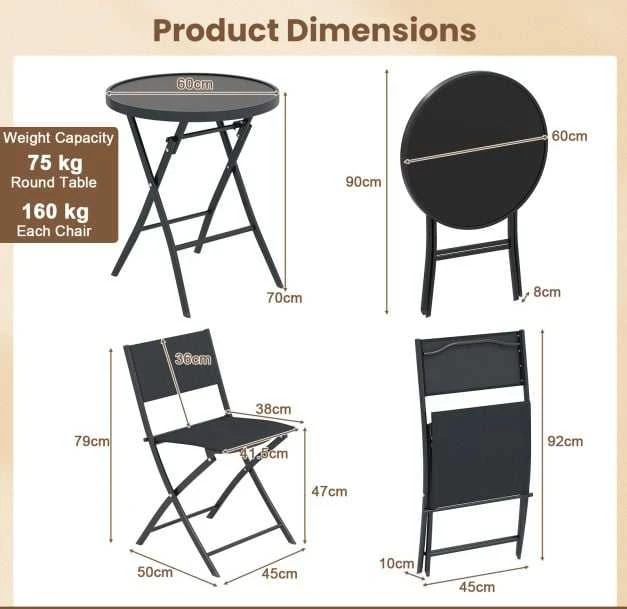 Lauko baldų komplektas Promotions Lauko bistro komplektas, 3 dalių sulankstomas, 59,7x69,9 cm stalas, juodas, metalas