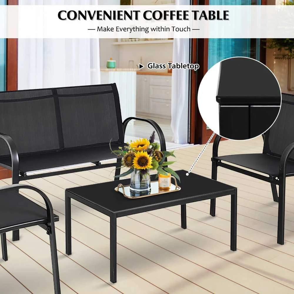 Lauko baldų komplektas Promotions Lauko terasos baldų komplektas, 4 dalių, 108x62x83 cm dvivietė sofa, 62x58x83 cm kėdė, 80x45x37 cm kavos staliukas, Juoda/Pilka