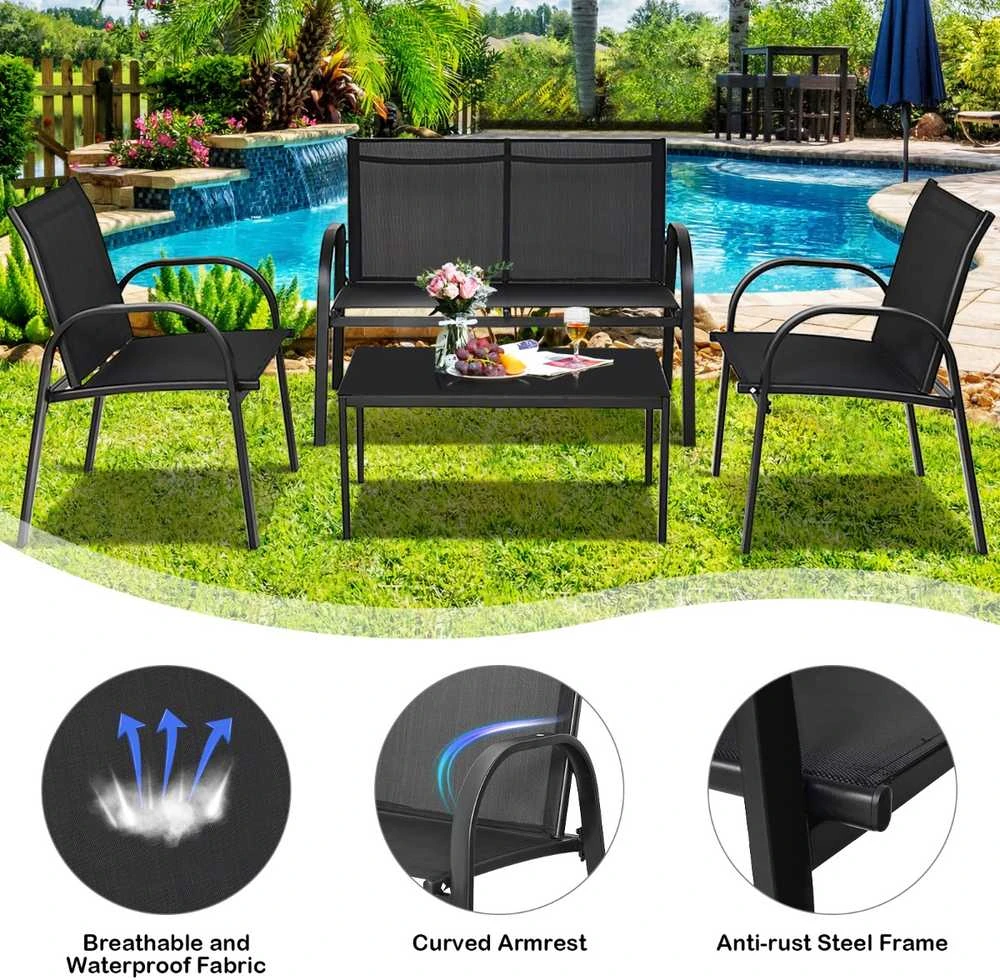 Lauko baldų komplektas Promotions Lauko terasos baldų komplektas, 4 dalių, 108x62x83 cm dvivietė sofa, 62x58x83 cm kėdė, 80x45x37 cm kavos staliukas, Juoda/Pilka