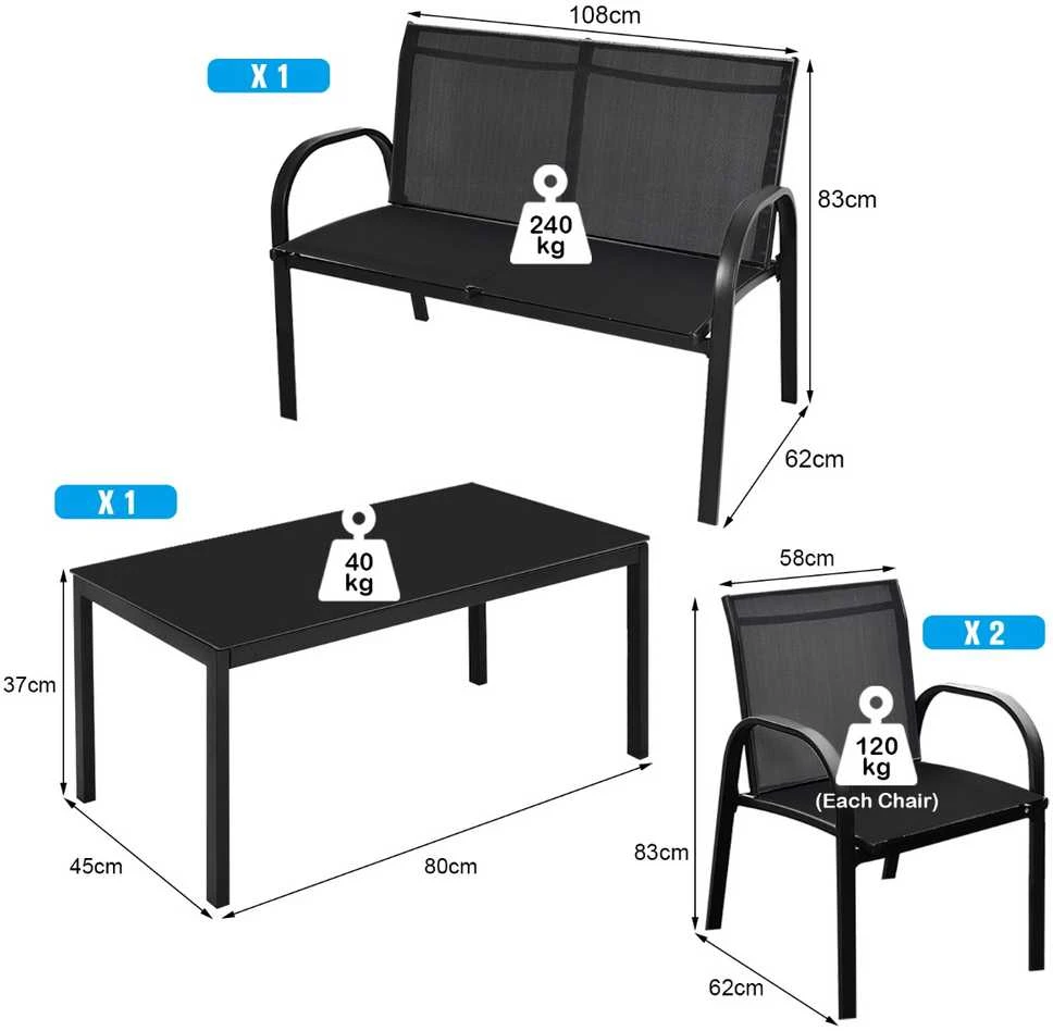 Lauko baldų komplektas Promotions Lauko terasos baldų komplektas, 4 dalių, 108x62x83 cm dvivietė sofa, 62x58x83 cm kėdė, 80x45x37 cm kavos staliukas, Juoda/Pilka