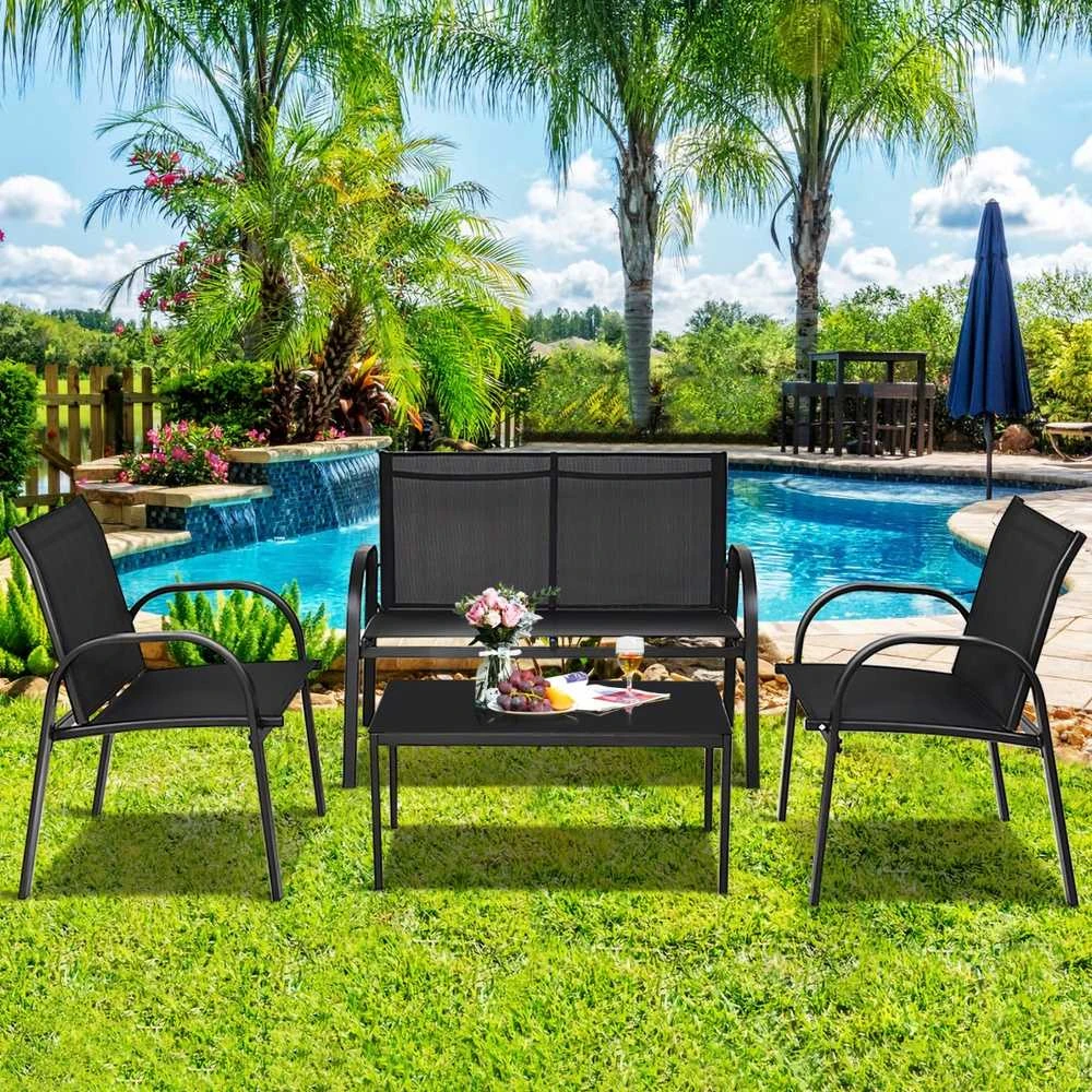 Lauko baldų komplektas Promotions Lauko terasos baldų komplektas, 4 dalių, 108x62x83 cm dvivietė sofa, 62x58x83 cm kėdė, 80x45x37 cm kavos staliukas, Juoda/Pilka