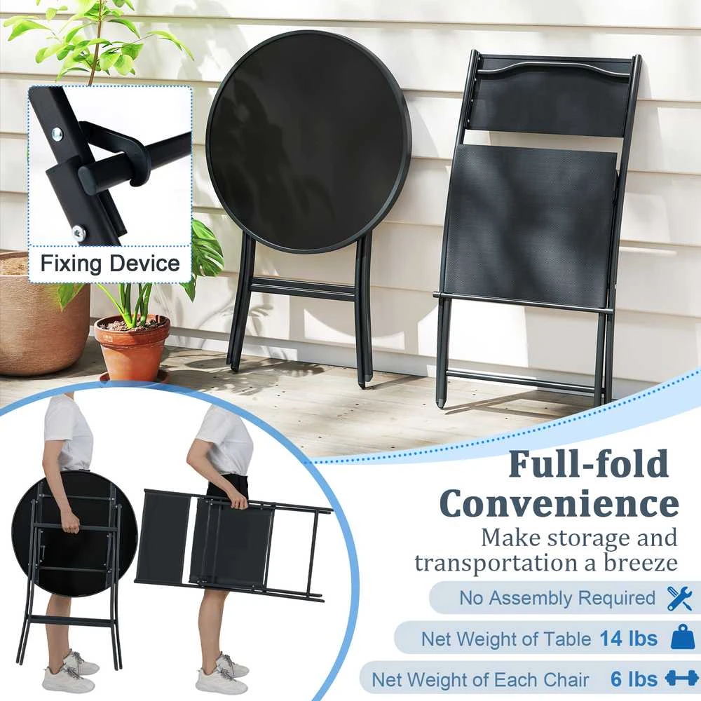 Lauko baldų komplektas Promotions Lauko bistro komplektas, 3 dalių sulankstomas, 59,7x69,9 cm stalas, juodas, metalas