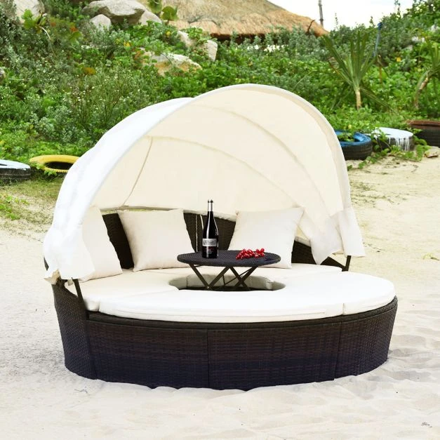 Lauko baldų komplektas Promotions Lauko apvalus dienos lova su ištraukiamu stogu Ø190x142 cm ruda/juoda