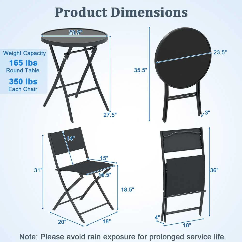 Lauko baldų komplektas Promotions Lauko bistro komplektas, 3 dalių sulankstomas, 59,7x69,9 cm stalas, juodas, metalas