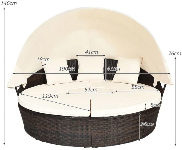 Lauko baldų komplektas Promotions Lauko apvalus dienos lova su ištraukiamu stogu Ø190x142 cm ruda/juoda