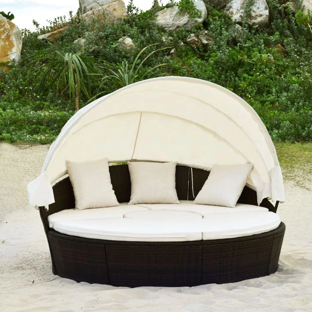 Lauko baldų komplektas Promotions Lauko apvalus dienos lova su ištraukiamu stogu Ø190x142 cm ruda/juoda