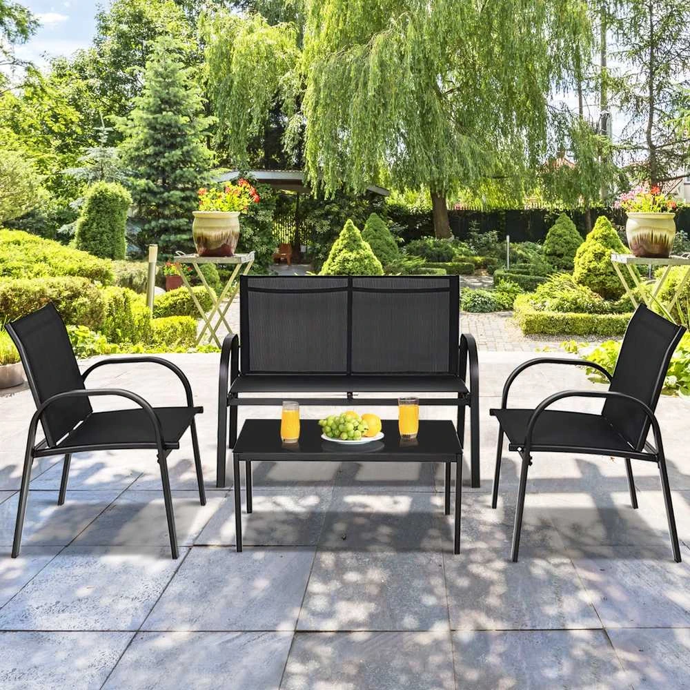 Lauko baldų komplektas Promotions Lauko terasos baldų komplektas, 4 dalių, 108x62x83 cm dvivietė sofa, 62x58x83 cm kėdė, 80x45x37 cm kavos staliukas, Juoda/Pilka