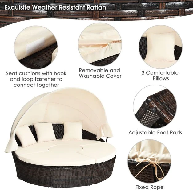 Lauko baldų komplektas Promotions Lauko apvalus dienos lova su ištraukiamu stogu Ø190x142 cm ruda/juoda