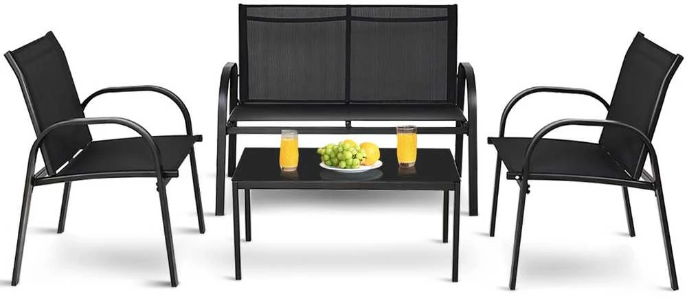 Lauko baldų komplektas Promotions Lauko terasos baldų komplektas, 4 dalių, 108x62x83 cm dvivietė sofa, 62x58x83 cm kėdė, 80x45x37 cm kavos staliukas, Juoda/Pilka