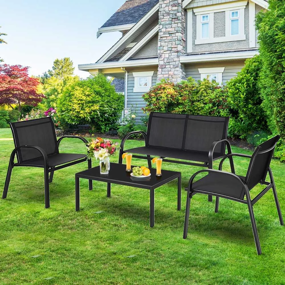 Lauko baldų komplektas Promotions Lauko terasos baldų komplektas, 4 dalių, 108x62x83 cm dvivietė sofa, 62x58x83 cm kėdė, 80x45x37 cm kavos staliukas, Juoda/Pilka