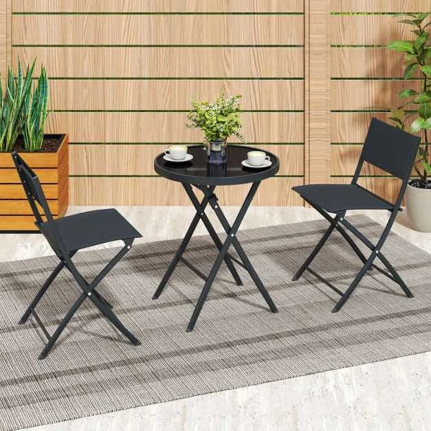 Lauko baldų komplektas Promotions Lauko bistro komplektas, 3 dalių sulankstomas, 59,7x69,9 cm stalas, juodas, metalas