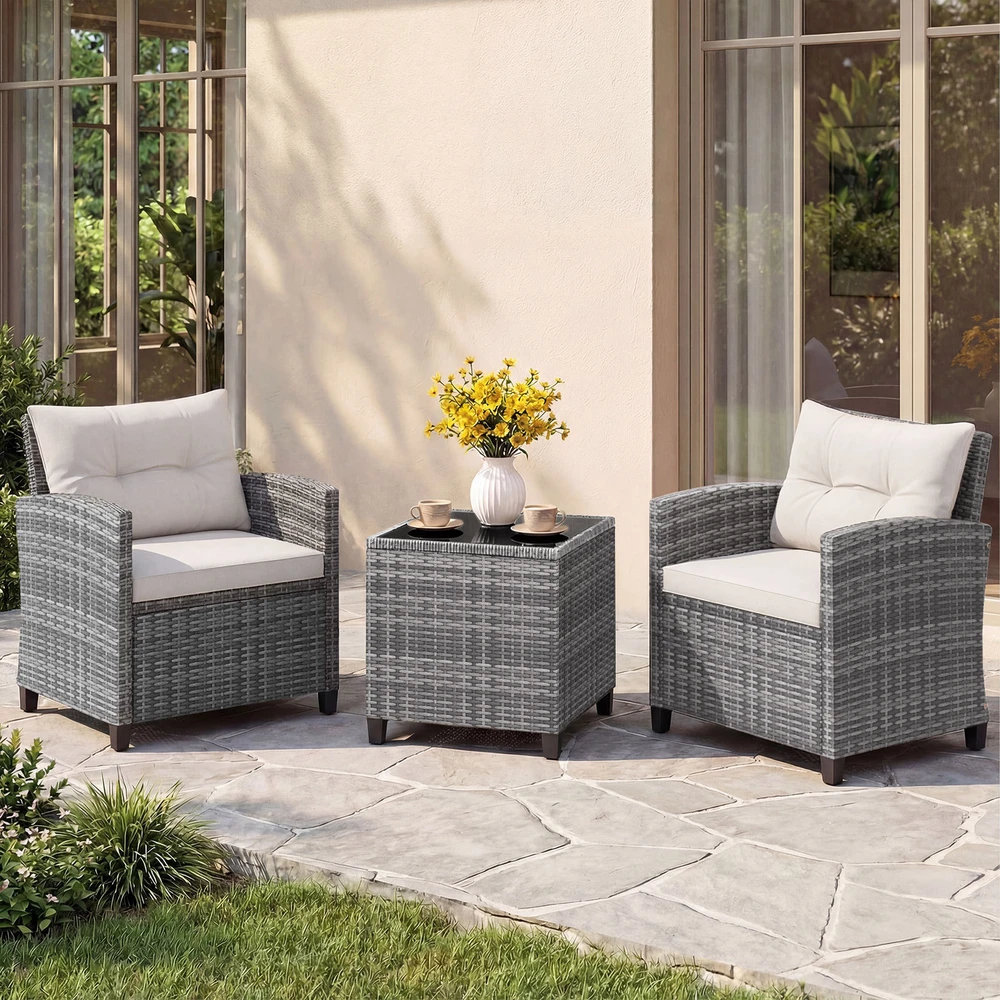 Lauko baldų komplektas Promotions Sodo baldų komplektas 3 dalių PE rotango kėdės ir kavos staliukas 67x64x77 cm pilka