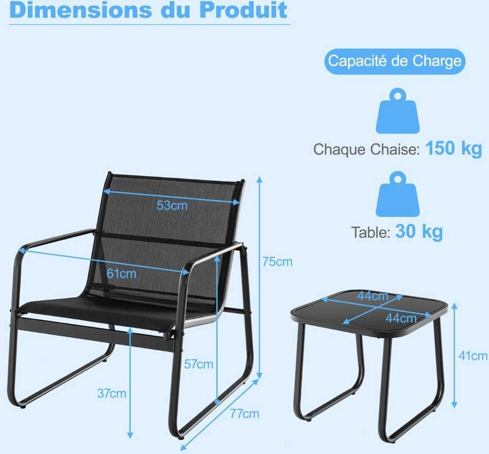 Lauko baldų komplektas Promotions Sodo baldų komplektas, kėdės 77x61x75 cm, stalas 44x44x41 cm, juodos spalvos