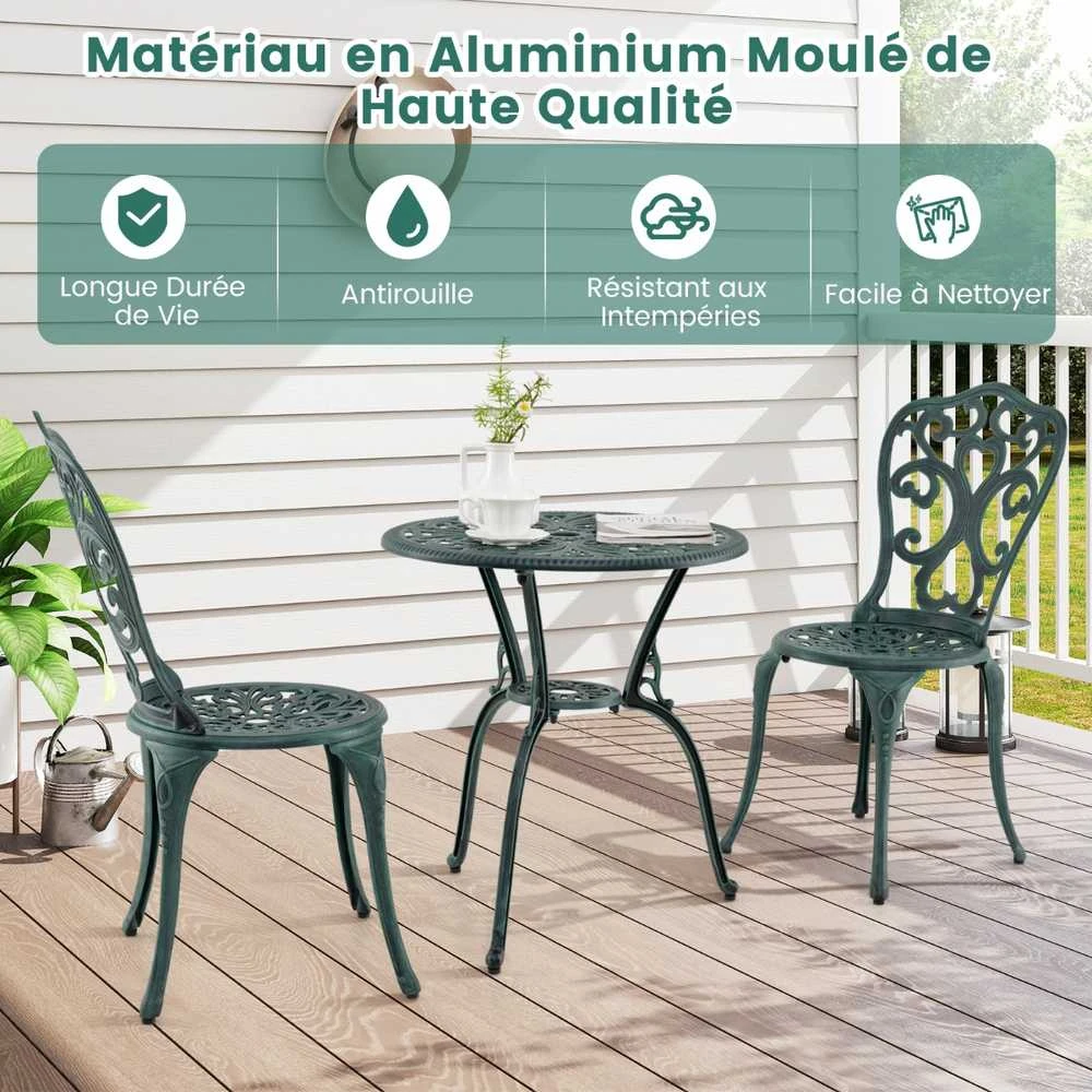 Lauko baldų komplektas Promotions Sodo baldų komplektas, liejinis aliuminis, 60x66 cm stalas, 51x41x87 cm kėdės, žalia