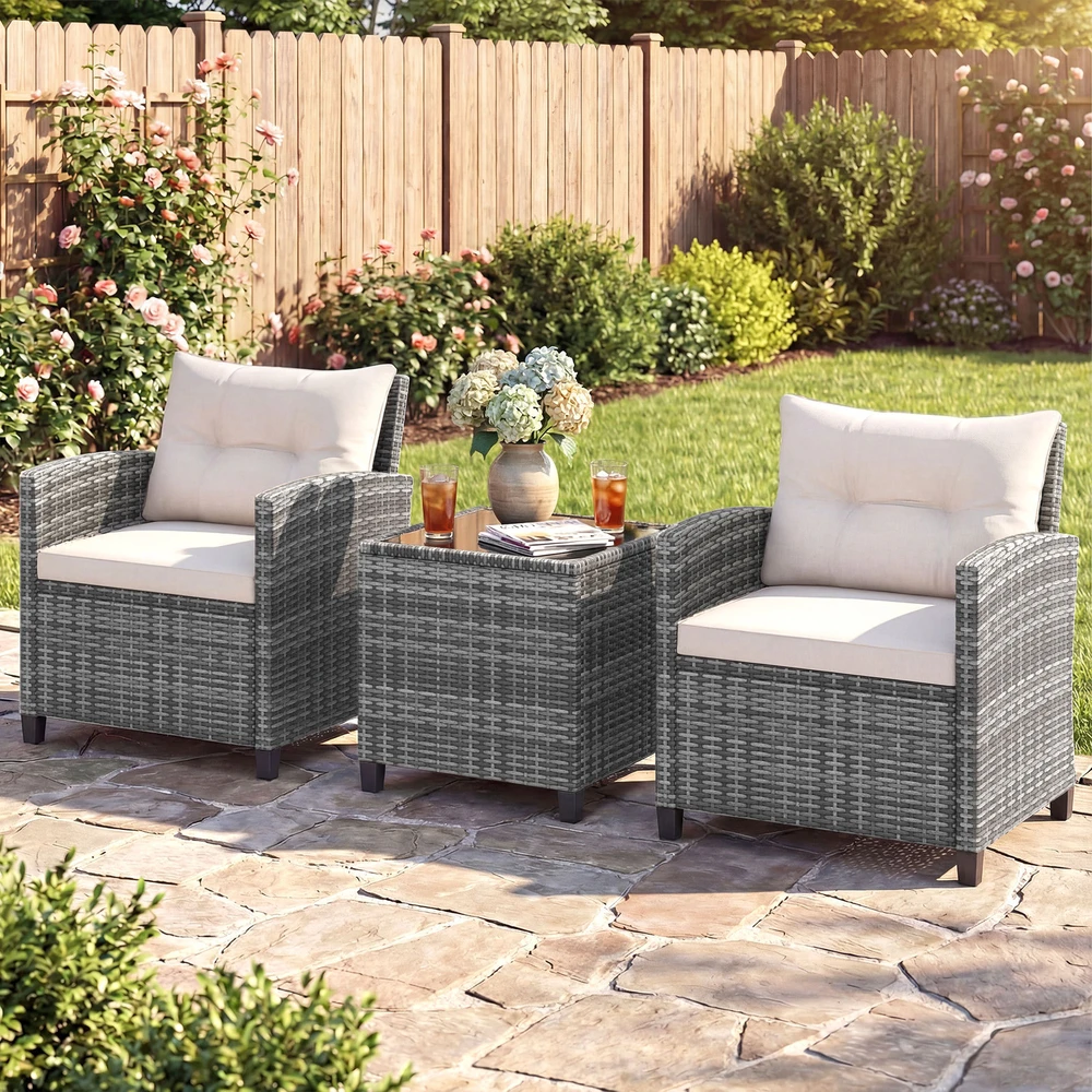 Lauko baldų komplektas Promotions Sodo baldų komplektas 3 dalių PE rotango kėdės ir kavos staliukas 67x64x77 cm pilka