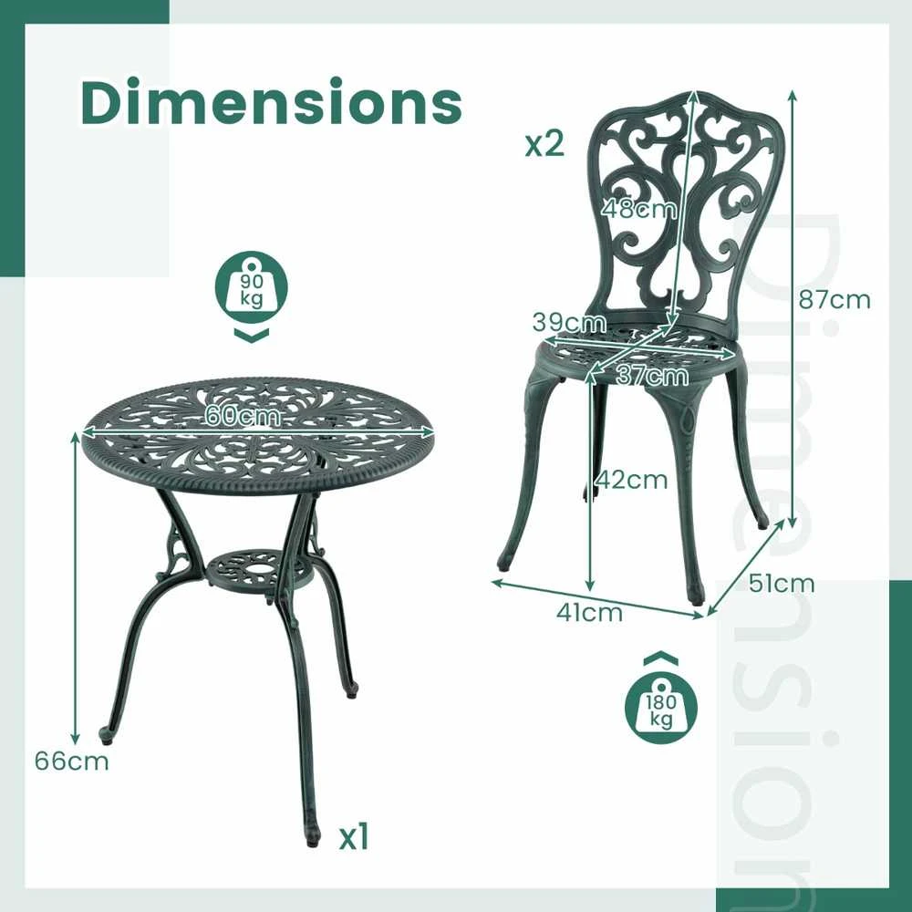 Lauko baldų komplektas Promotions Sodo baldų komplektas, liejinis aliuminis, 60x66 cm stalas, 51x41x87 cm kėdės, žalia