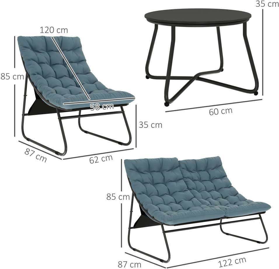 Outsunny plieno sodo baldų komplektas 4 asmenims, atsparus oro sąlygoms, balkonų baldų rinkinys su 2 vietų sofa, foteliu, šoniniu staliuku ir sėdynių pagalvėlėmis, lauko baldų komplektas, terasos baldai pilkos spalvos