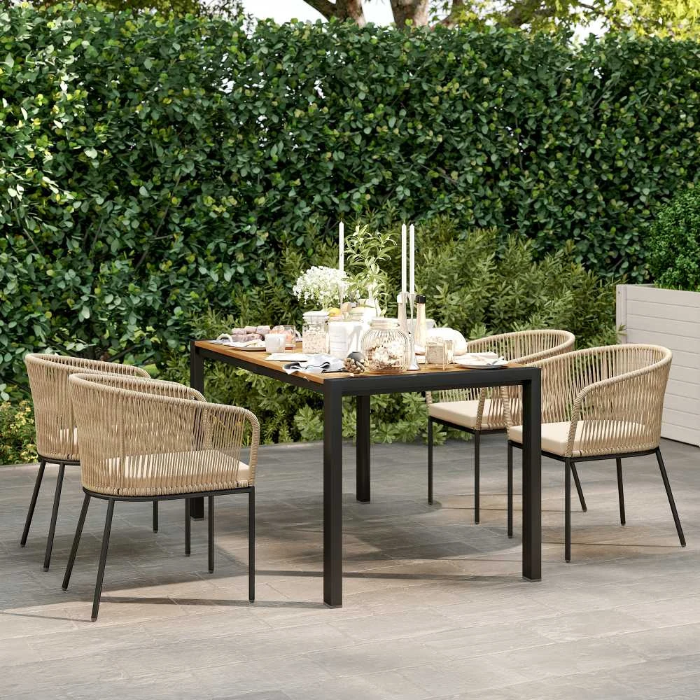 Lauko baldų komplektas „Outsunny“ 5 dalių poliratano sodo baldų komplektas 4 asmenims, orams atsparūs balkono baldai su stalu ir 4 kėdėmis su nuimamomis sėdynių pagalvėlėmis, lauko terasos baldų komplektas balkonui, sodui, natūralios medienos spalvos ir chaki