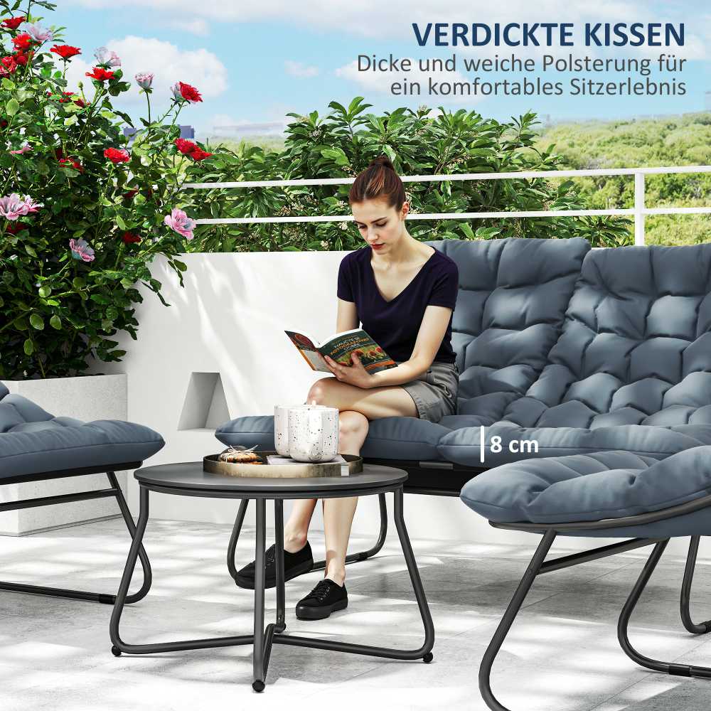 Outsunny plieno sodo baldų komplektas 4 asmenims, atsparus oro sąlygoms, balkonų baldų rinkinys su 2 vietų sofa, foteliu, šoniniu staliuku ir sėdynių pagalvėlėmis, lauko baldų komplektas, terasos baldai pilkos spalvos