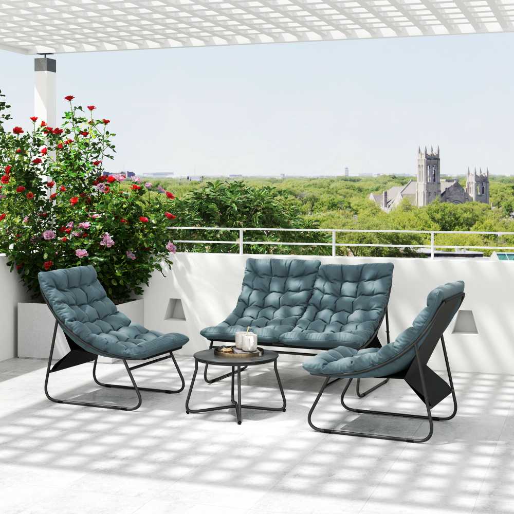 Outsunny plieno sodo baldų komplektas 4 asmenims, atsparus oro sąlygoms, balkonų baldų rinkinys su 2 vietų sofa, foteliu, šoniniu staliuku ir sėdynių pagalvėlėmis, lauko baldų komplektas, terasos baldai pilkos spalvos