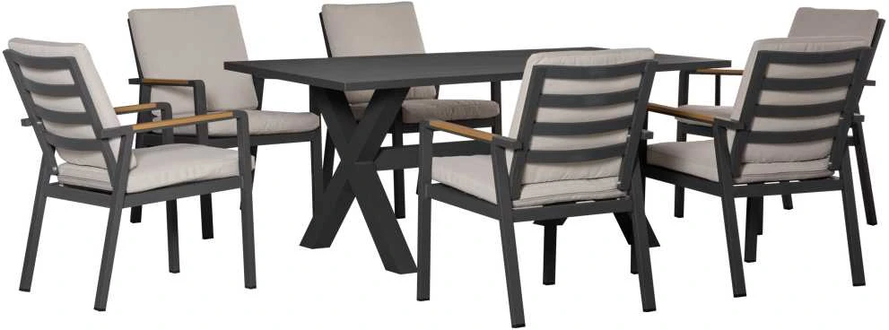 Lauko baldų komplektas Outsunny sodo baldų komplektas 6 asmenims, 6 kėdės, 1 stalas, atsparus oro sąlygoms, 175 cm x 92,5 cm x 73 cm, juodas + pilkas