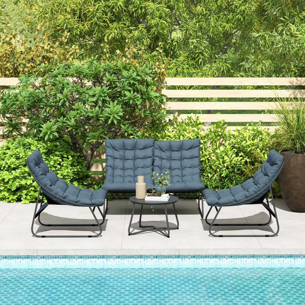 Outsunny plieno sodo baldų komplektas 4 asmenims, atsparus oro sąlygoms, balkonų baldų rinkinys su 2 vietų sofa, foteliu, šoniniu staliuku ir sėdynių pagalvėlėmis, lauko baldų komplektas, terasos baldai pilkos spalvos