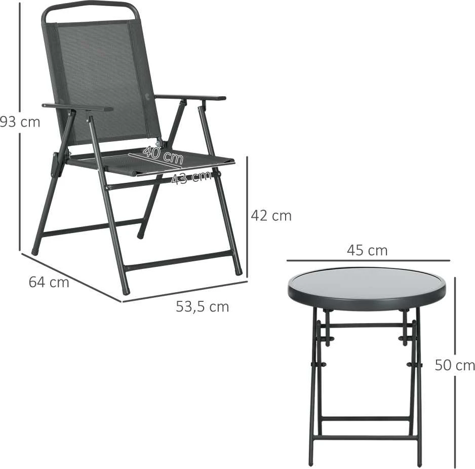 Lauko baldų komplektas Outsunny 3 dalių metalinis bistro komplektas, atsparus oro sąlygoms, su sulankstomu stikliniu stalu ir kėdėmis, sodui, balkonui, tamsiai pilkas
