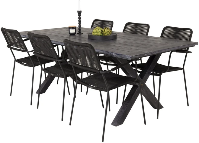 Lauko baldų komplektas Venture Design Lauko valgomojo baldų komplektas, stalas 75 x 200 x 100 cm, akacijos mediena, virvė, juoda