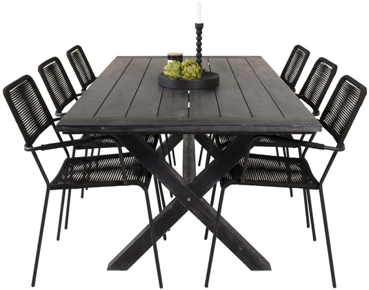 Lauko baldų komplektas Venture Design Lauko valgomojo baldų komplektas, stalas 75 x 200 x 100 cm, akacijos mediena, virvė, juoda