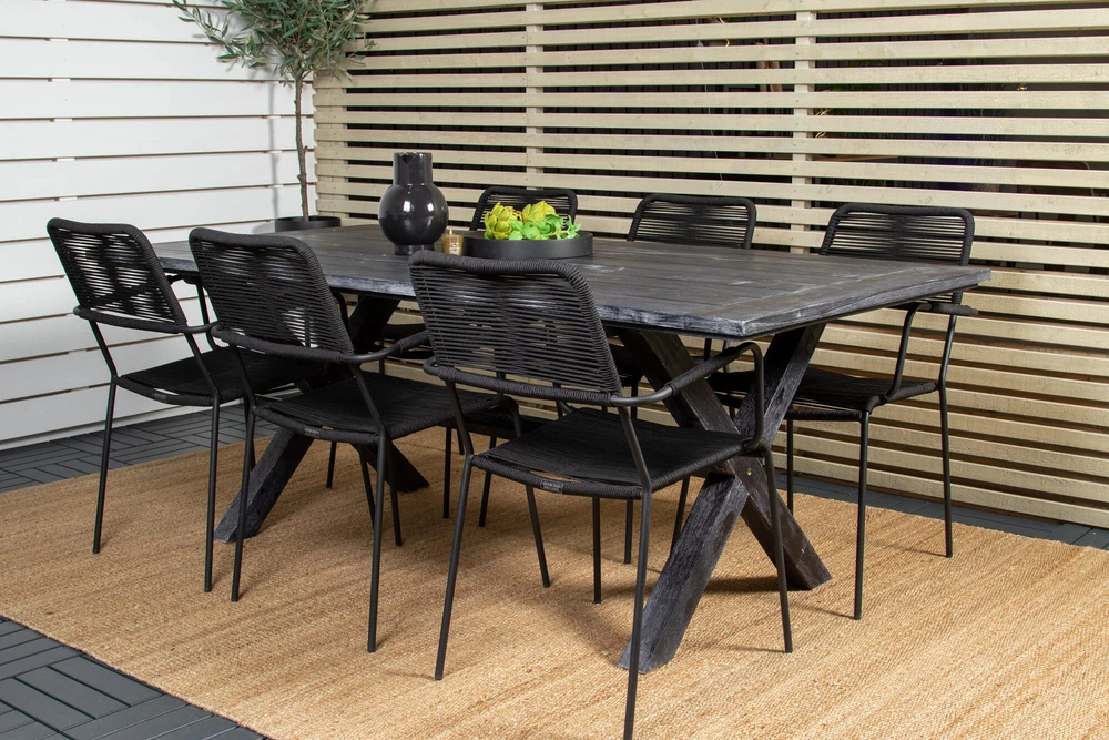 Lauko baldų komplektas Venture Design Lauko valgomojo baldų komplektas, stalas 75 x 200 x 100 cm, akacijos mediena, virvė, juoda