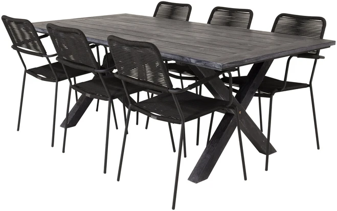 Lauko baldų komplektas Venture Design Lauko valgomojo baldų komplektas, stalas 75 x 200 x 100 cm, akacijos mediena, virvė, juoda