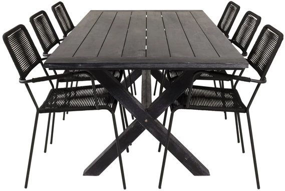 Lauko baldų komplektas Venture Design Lauko valgomojo baldų komplektas, stalas 75 x 200 x 100 cm, akacijos mediena, virvė, juoda
