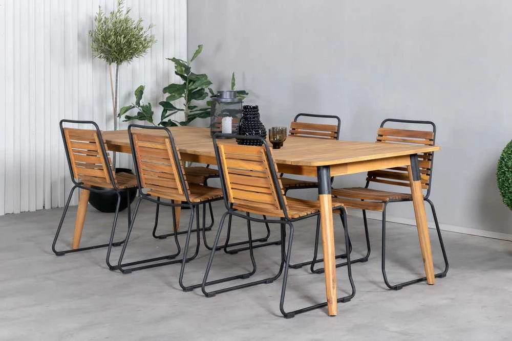 Lauko baldų komplektas Venture Design Valgomojo stalas ir kėdės rinkinys Julian 210x100 cm juoda akacija plienas