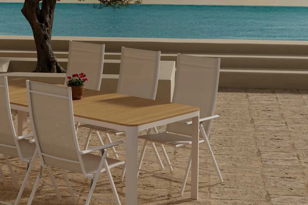 Lauko baldų komplektas Venture Design Valgomojo komplektas Etna stalas su 6 Levanzo kėdėmis, smėlio spalvos, plienas ir aliuminis
