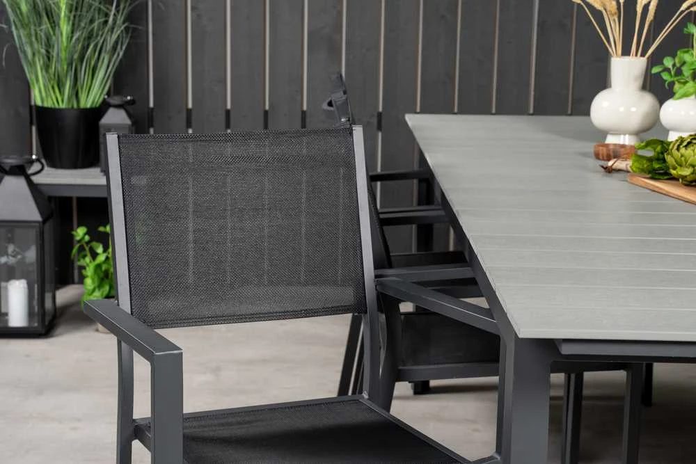 Lauko baldų komplektas Venture Design Valgomojo komplektas Levels stalas Copacabana kėdė, juoda, pilka, Aintwood, Textilene