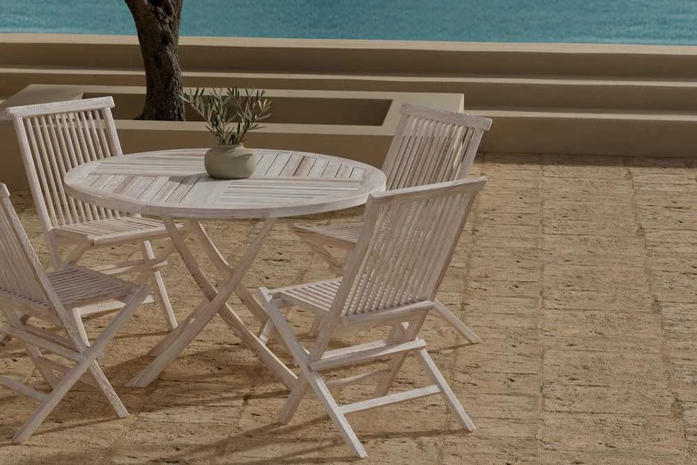 Lauko baldų komplektas Venture Design Valgomojo komplektas Kenya stalas ir 4 Kenya kėdės balinto medžio spalvos