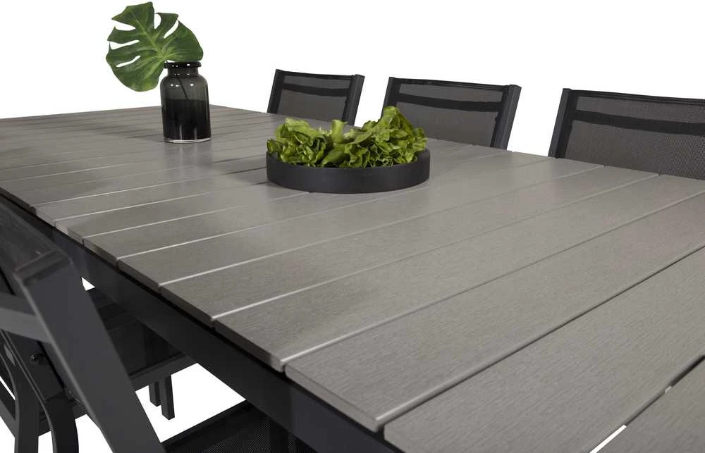 Lauko baldų komplektas Venture Design Valgomojo komplektas Levels stalas Copacabana kėdė, juoda, pilka, Aintwood, Textilene