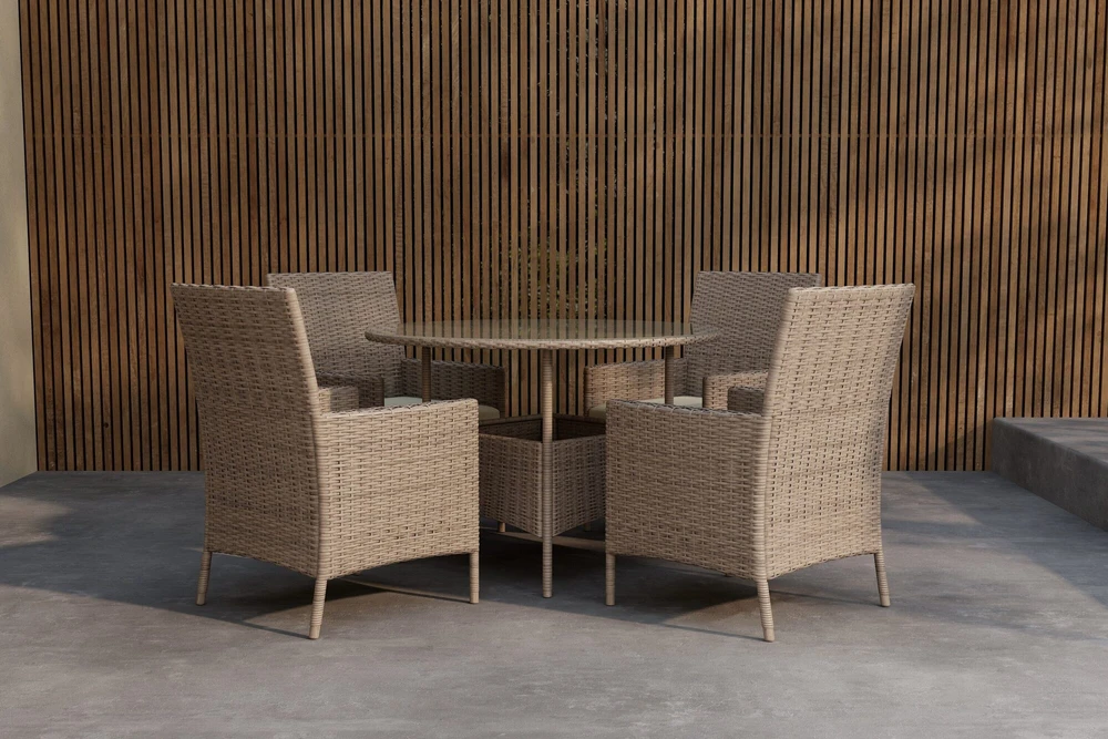 Lauko baldų komplektas Venture Design Valgomojo komplektas Lefkas apvalus rudas plienas ratanas