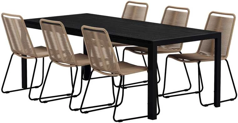 Lauko baldų komplektas Venture Design Valgomojo komplektas Mirko stalas su 6 Lindos kėdėmis, juoda, ruda, lauko
