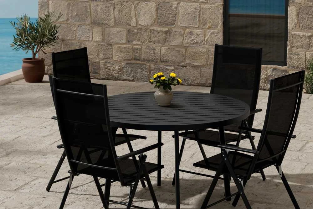 Lauko baldų komplektas Venture Design Valgomojo komplektas Giardini stalas su 4 Levanzo kėdėmis 120 cm juodas plienas