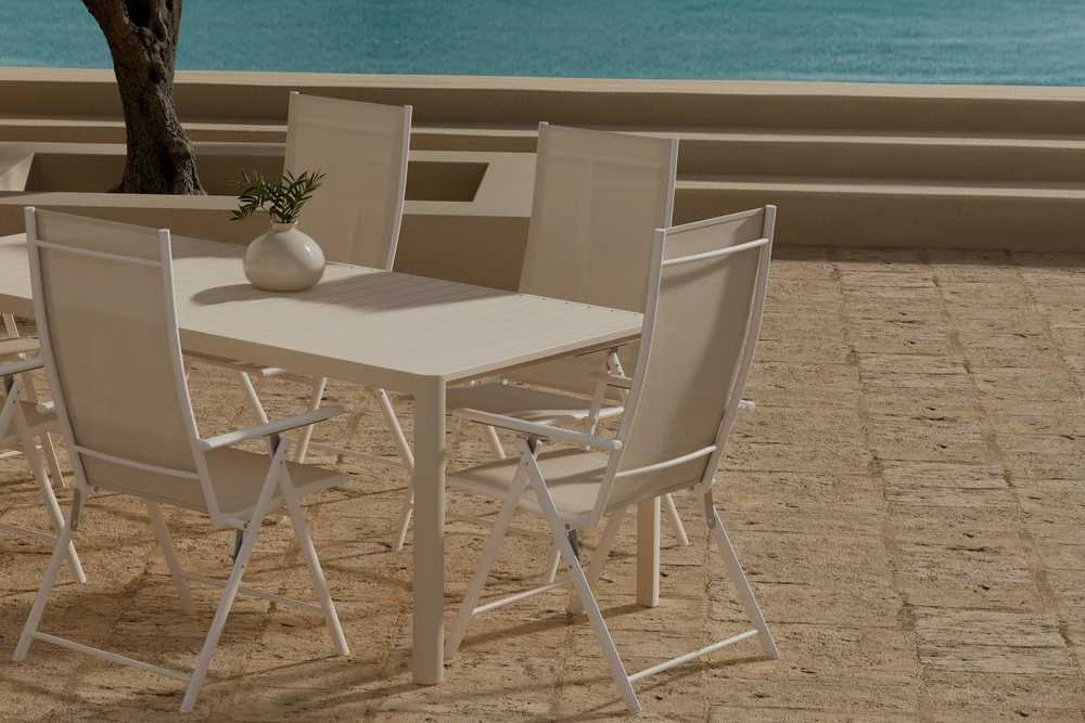 Lauko baldų komplektas Venture Design Valgomojo komplektas Giardini stalas su 6 Levanzo kėdėmis, smėlio spalvos, lauko baldai