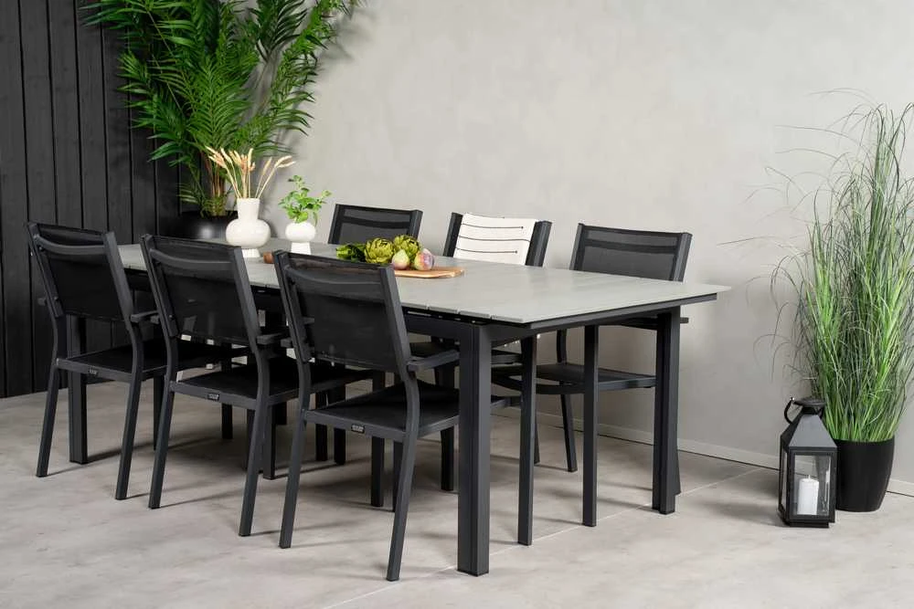 Lauko baldų komplektas Venture Design Valgomojo komplektas Levels stalas Copacabana kėdė, juoda, pilka, Aintwood, Textilene