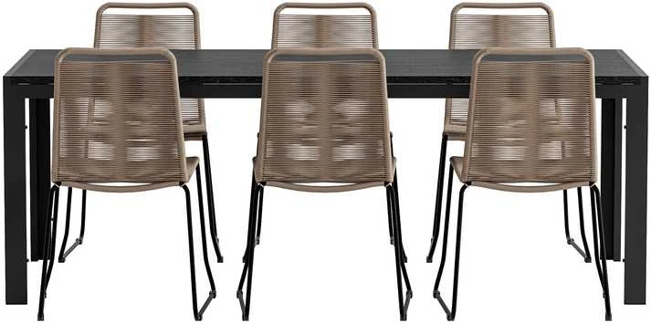 Lauko baldų komplektas Venture Design Valgomojo komplektas Mirko stalas su 6 Lindos kėdėmis, juoda, ruda, lauko