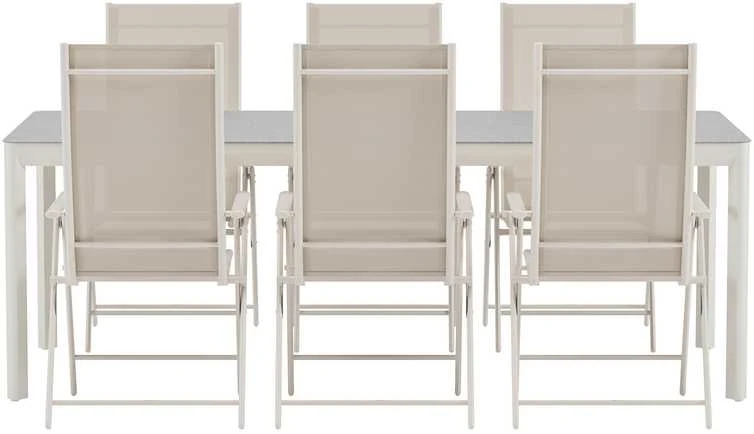 Lauko baldų komplektas Venture Design Valgomojo komplektas Lino stalas su 6 Levanzo kėdėmis, smėlio spalvos, lauko baldai